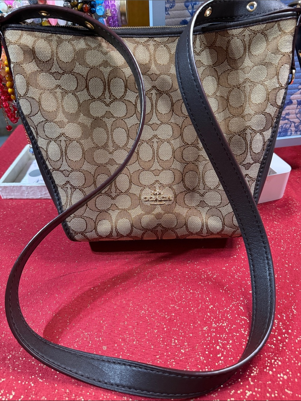 Coach Brown Signature Canvas Crossbody with Dark Brown Leather Trim